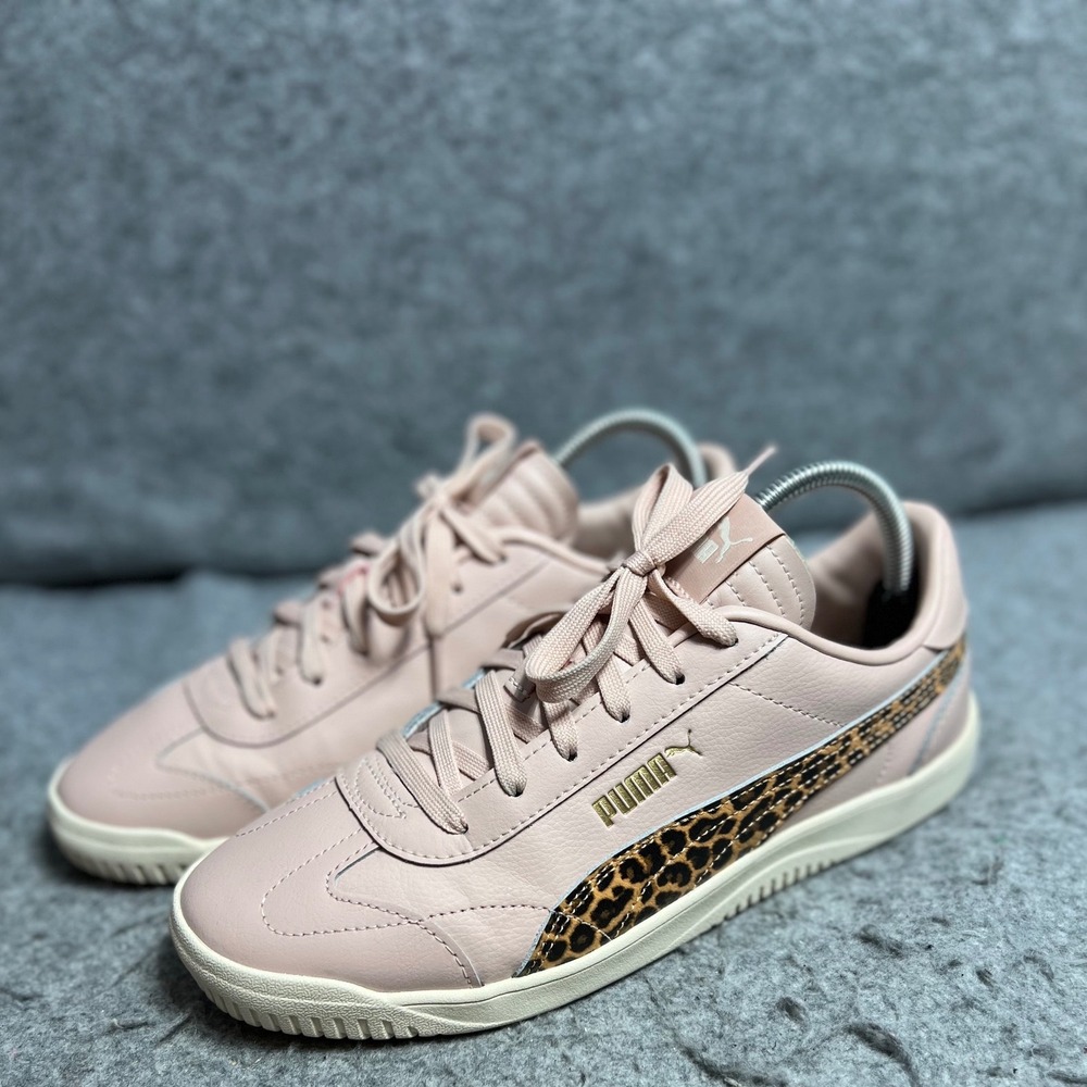 Puma California Pink Leather Leopard Print Sneakers Womens Low Top Shoes 10